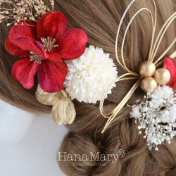 七五三　ドライフラワー　ドライ　水引き　卒業式　成人式 髪飾り 和玉　ゴールド　水引アレンジ　水引きアレンジ　赤ゴールド 4枚目の画像