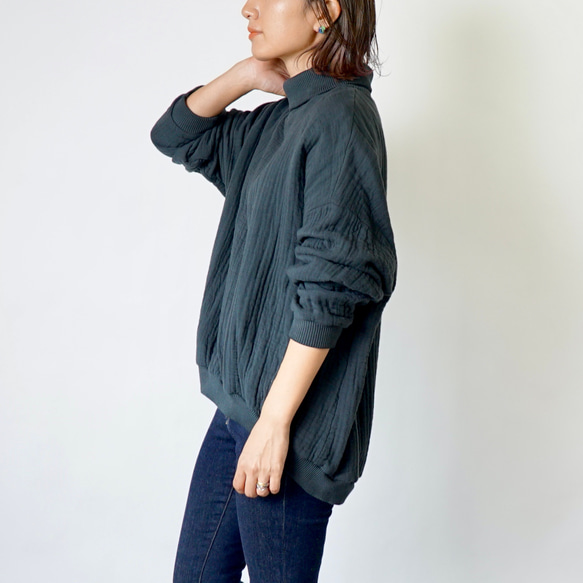 高領運動衫蓬鬆 6 層紗布/黑色/Mikawa 紡織 第1張的照片