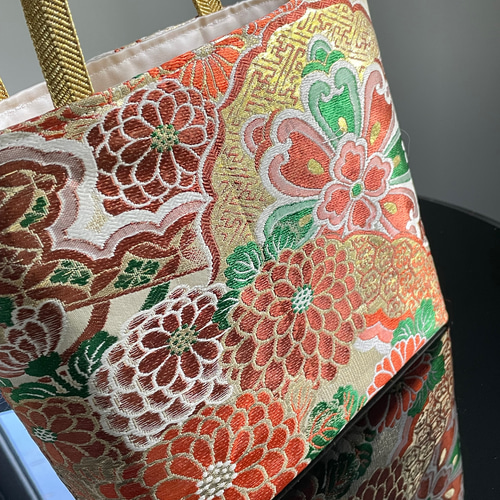 帯リメイクバッグ 鶴と菊の花 丸帯 トートバッグ 和装バッグ 帯バッグ