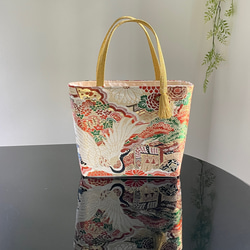 帯リメイクバッグ 鶴と菊の花 丸帯 トートバッグ 和装バッグ 帯バッグ
