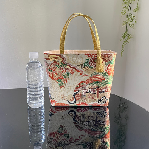 帯リメイクバッグ 鶴と菊の花 丸帯 トートバッグ 和装バッグ 帯バッグ