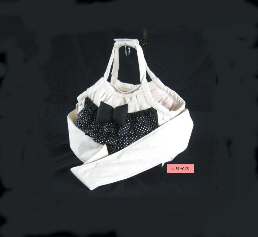 受注制作　Ｌサイズ　小型犬用　肩ベルト丈１００センチ　水玉フリル　スリング手提げ２ウェイキャリーバッグ
