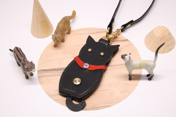 『受注作品』猫型のキーケース（１本タイプ・レザー・革・黒） 5枚目の画像