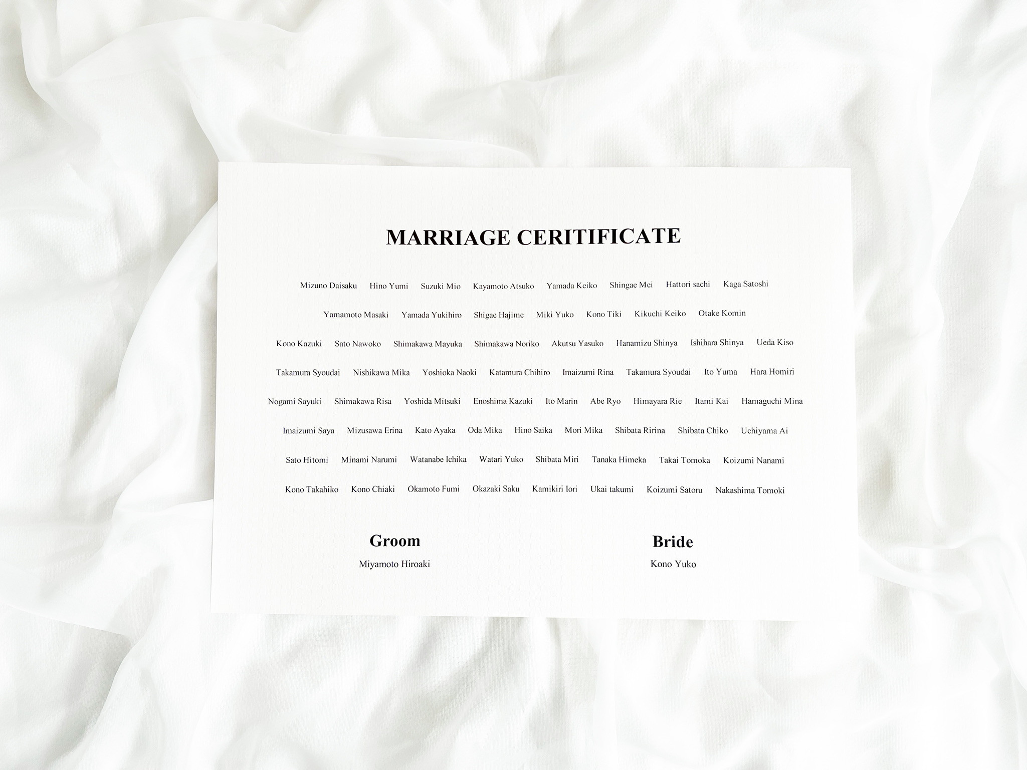 【名前のみシンプルデザイン】ゲストへワクワクを☆参加型で高まる一体感☆高級特殊用紙印刷の結婚証明書(ゲスト40人〜)
