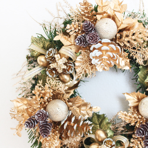 送料無料」クリスマスリース（ゴールド系） 直径約23cm リース