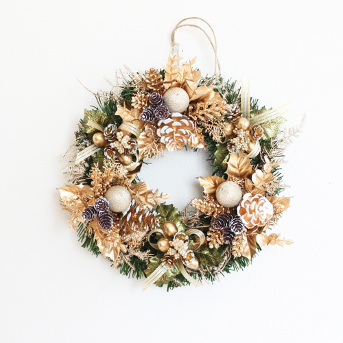 送料無料」クリスマスリース（ゴールド系） 直径約23cm リース