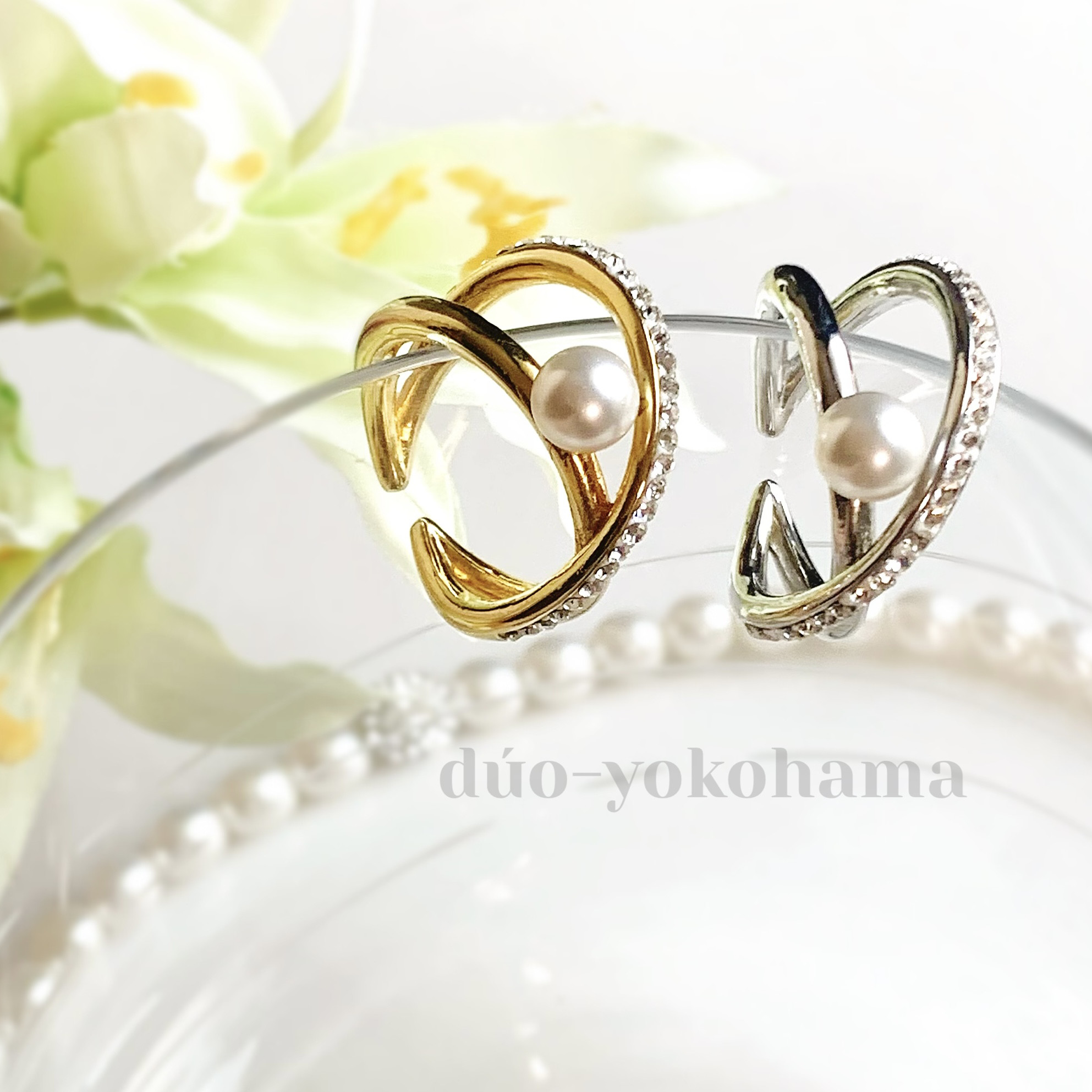 【送料無料】2way Xパールリング イヤーカフ　デザインリング