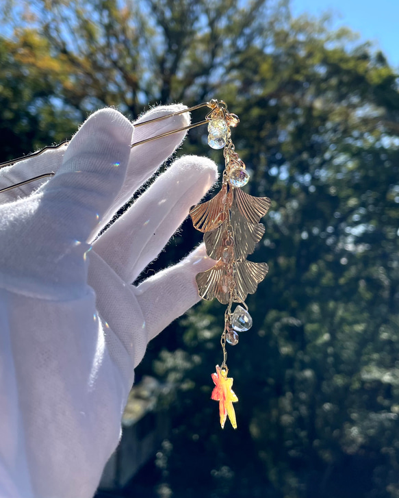 銀杏と紅葉簪　クリスタル金　かんざし　イチョウ　モミジ 4枚目の画像