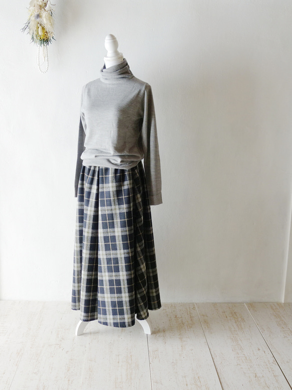 受注製作【巻きスカート風スカート】ブラックチェック　ギャザースカート　ウール 14枚目の画像