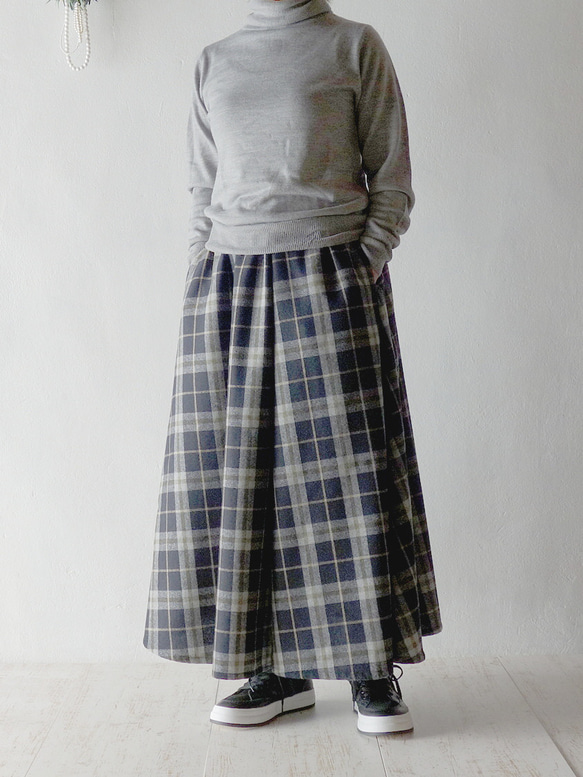 受注製作【巻きスカート風スカート】ブラックチェック　ギャザースカート　ウール 8枚目の画像