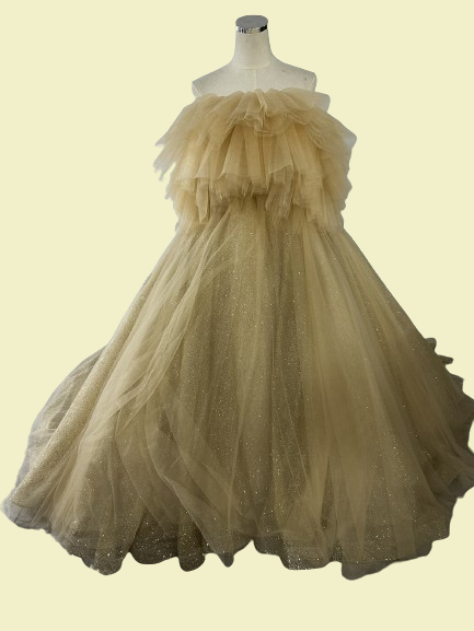 送料無料！華やか シャンパン色 カラードレスキラキラグリッターチュール オフショルダー 披露宴/拳式