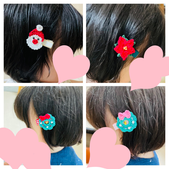 サンタくま&ポインセチアのベビーヘアクリップ　ヘアピン　立体　出産祝い　新生児　赤ちゃん　ゆるくま　クリスマス 4枚目の画像