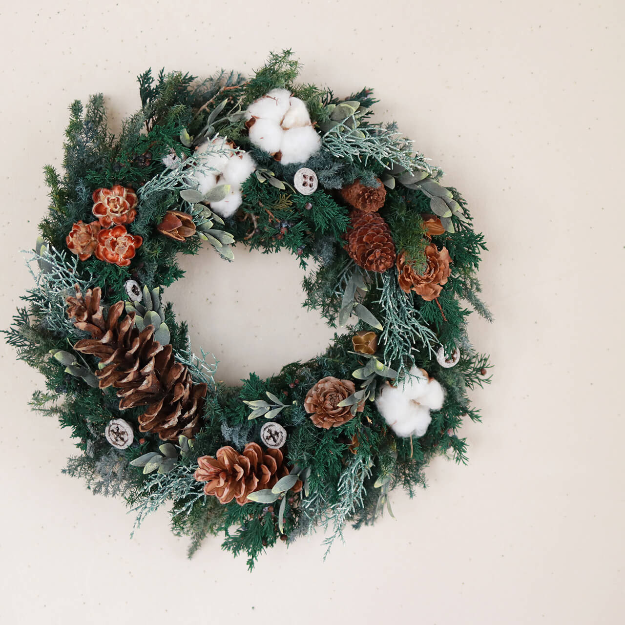 綿の実と木の実と針葉樹の大きなリース◆ プリザーブドフラワー クリスマスリース 冬 インテリア クリスマスツリー 大きい