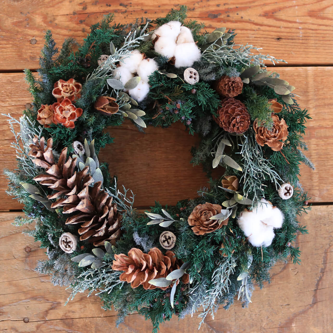 綿の実と木の実と針葉樹の大きなリース◆ プリザーブドフラワー クリスマスリース 冬 インテリア クリスマスツリー 大きい