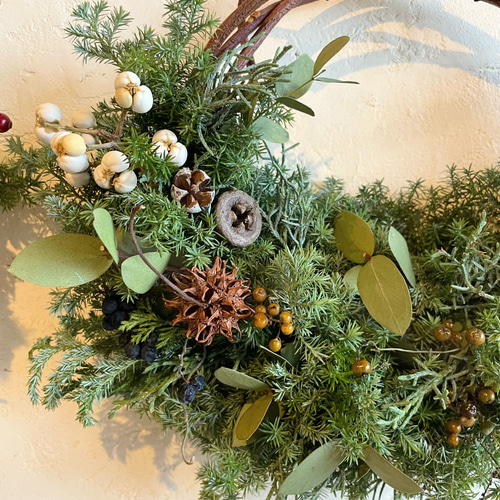 ナチュラルクリスマスリース ハーフ リース Olive + 通販 ナチュラルクリスマスリース ハーフ リース Olive + 通販