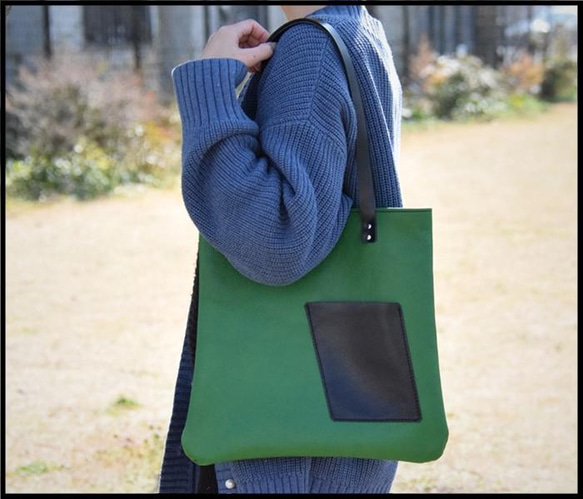 【Polilavo】レザートートバッグ　本革　鞄　内ポケット　外ポケット　シンプル　おしゃれ　緑　メンズ　レディース 4枚目の画像