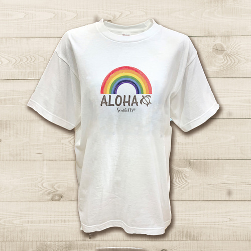 ハワイアンデザインTシャツ レインボーイラスト 虹の絵 海亀ロゴ