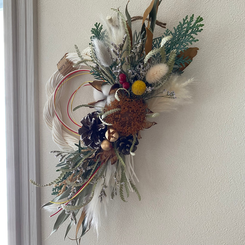 No.283 ネイティブフラワーのしめ縄リース2023 ハンドメイドお正月飾り