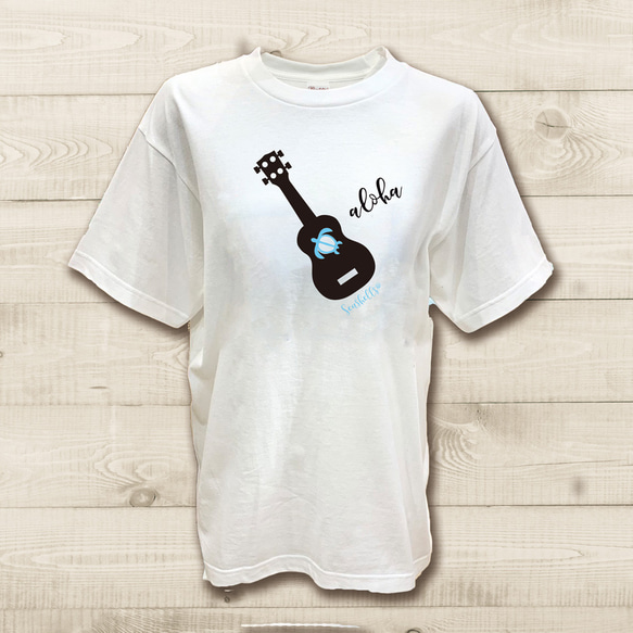 ハワイアンデザインTシャツ ウクレレのイラスト ギターの絵 海亀