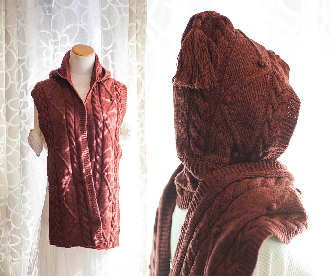 フード付きマフラー・スヌー★ウール+モヘヤ★紅樺色★冬・あたたかい・手編み＊クリスマスプレゼントXmas