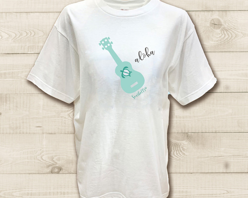 ハワイアンデザインTシャツ ウクレレのイラスト ギターの絵 海亀