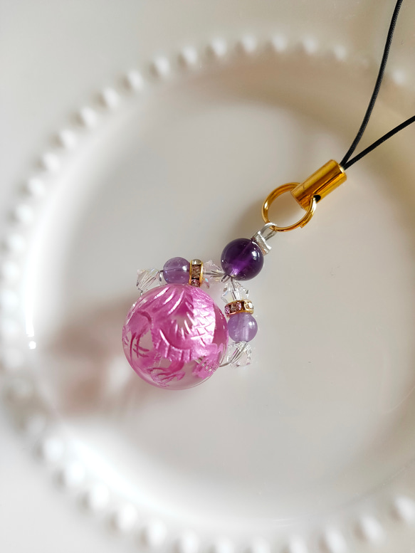 天然石ストラップ　大玉 誕生石ストラップ✨2月birthday✨天然石のお守り✨コロンと