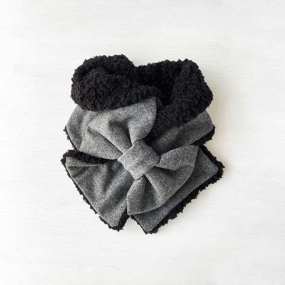 ふんわり♪リボンマフラー｜シルクネップ・ウール(濃グレー) × ファー