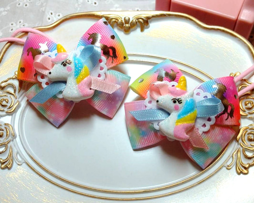 オーガンジーリボンヘアゴム 夢の国のユニコーン 6d6c35ca3926df7d2a37489afabdc1