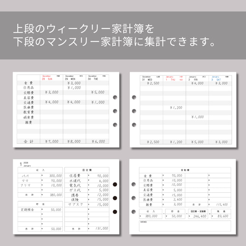 A5サイズ】家計簿つきセパレート手帳リフィル／2026年1月始まり／2026
