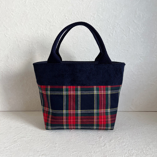 タータンチェック×コーデュロイ・ミニトートバッグ〈ネイビー×レッド