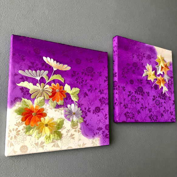 着物のファブリックパネル　鮮やかな紫に菊花と紅葉（2枚セット）　サスティナブル　着物リメイク　インテリア　正月飾り 1枚目の画像