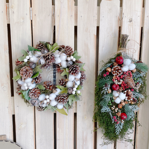 グリーン系！鈴付きクリスマス♡【クリスマスリース】ナチュラルリース