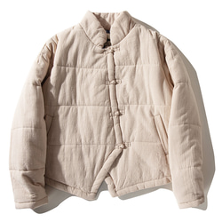 綿麻中綿ジャケット　スタンドカラー　暖かいジャケット　ショートジャケット　ベージュ　#L114BE 1枚目の画像