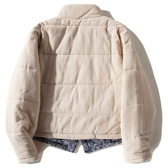 綿麻中綿ジャケット　スタンドカラー　暖かいジャケット　ショートジャケット　ベージュ　#L114BE 2枚目の画像