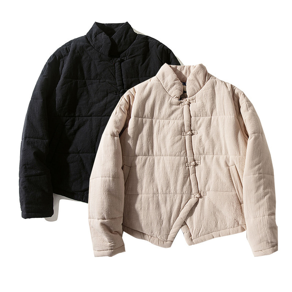 綿麻中綿ジャケット　スタンドカラー　暖かいジャケット　ショートジャケット　ブラック　#L114BL 14枚目の画像
