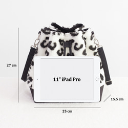 白黒レオパードボアx牛革x帆布 ショルダーバッグ（Lサイズ）モコモコ可愛いヒョウ柄巾着 12枚目の画像