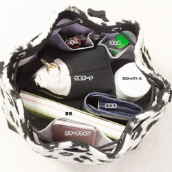 白黒レオパードボアx牛革x帆布 ショルダーバッグ（Lサイズ）モコモコ可愛いヒョウ柄巾着 13枚目の画像