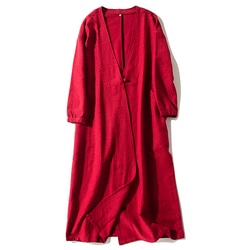 ジャガード織りコットンリネン 綿麻ロングジャケット　羽織　コート　カーディガン  レッド　L120RE 1枚目の画像