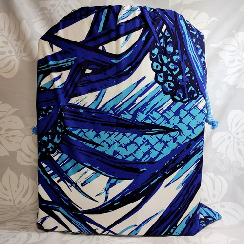 再々販特大巾着ハワイアン生地ブルー系パイナップル柄 巾着袋 hi-tiare