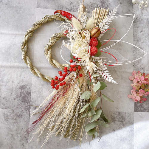 紅白梅とピオニーのお正月飾り しめ縄飾り しめ飾り お正月飾り