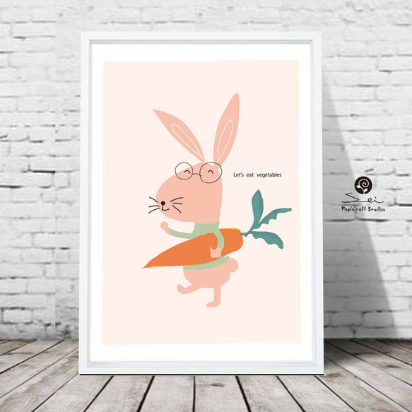 野菜を食べよう　ウサギ　イラスト　かわいい  アートポスター　ポスター　A4    アート　869 2枚目の画像