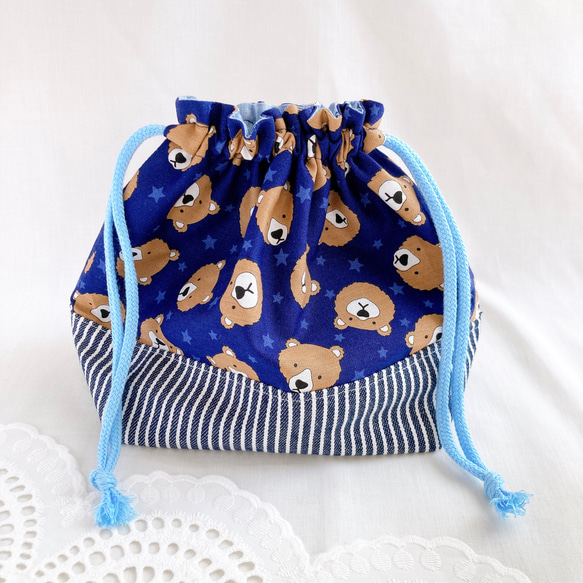 トリオセットが入るお弁当袋 巾着袋 くまネイビー×ヒッコリー