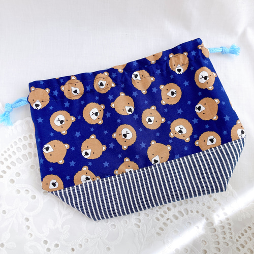 トリオセットが入るお弁当袋 巾着袋 くまネイビー×ヒッコリー