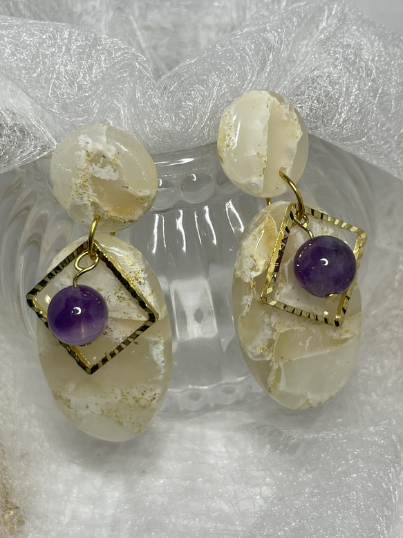 ポリマークレイ アメジストと大理石風ピアス ピアス（その他