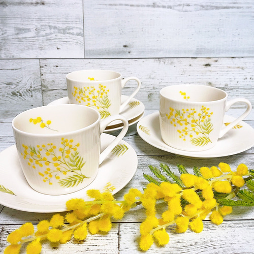 ✨ミモザ柄✨ティーカップソーサー2客✨SET ティーカップ fuminaga0503
