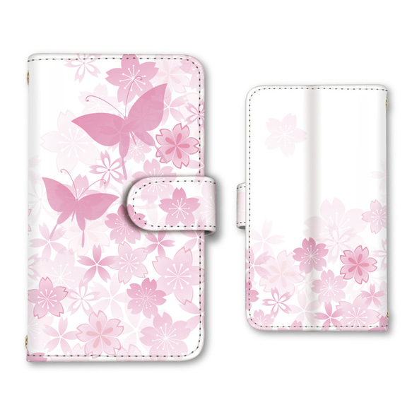 蝶 桜 スマホケース 手帳型ケース iPhoneケース 携帯ケース ミラー カード収納ポケット付 受注制作 1枚目の画像