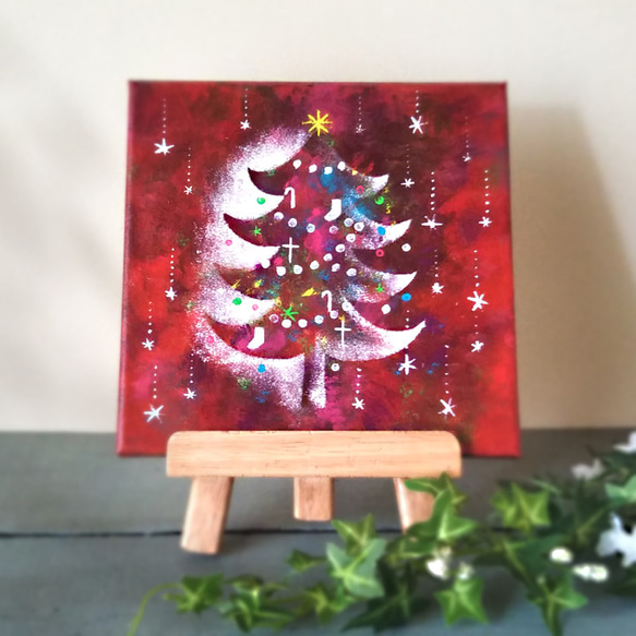 【原画】クリスマスツリー赤　絵画　キャンバスアート　20cm角 2枚目の画像
