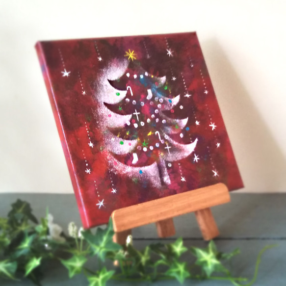 【原画】クリスマスツリー赤　絵画　キャンバスアート　20cm角 4枚目の画像