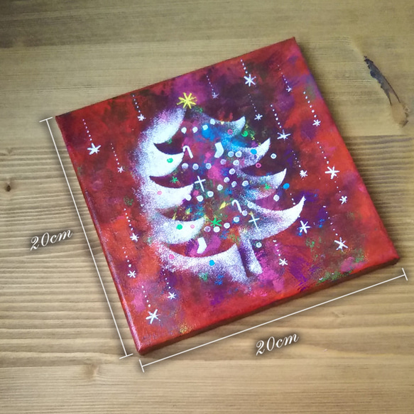 【原画】クリスマスツリー赤　絵画　キャンバスアート　20cm角 7枚目の画像