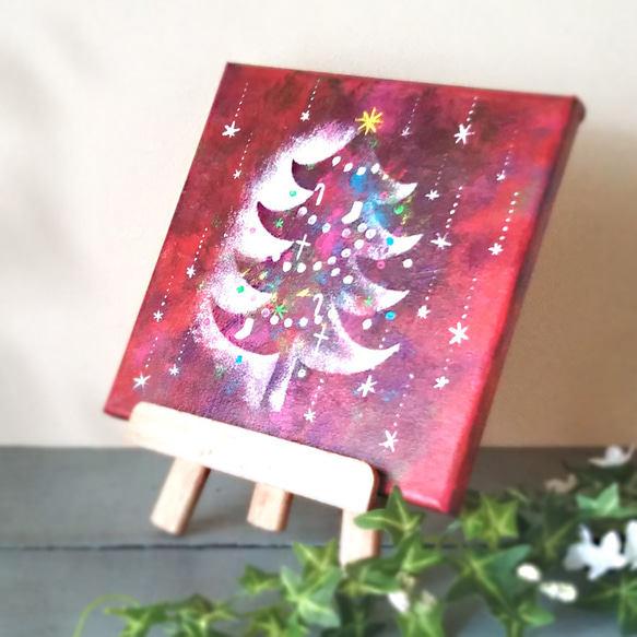 【原画】クリスマスツリー赤　絵画　キャンバスアート　20cm角 3枚目の画像